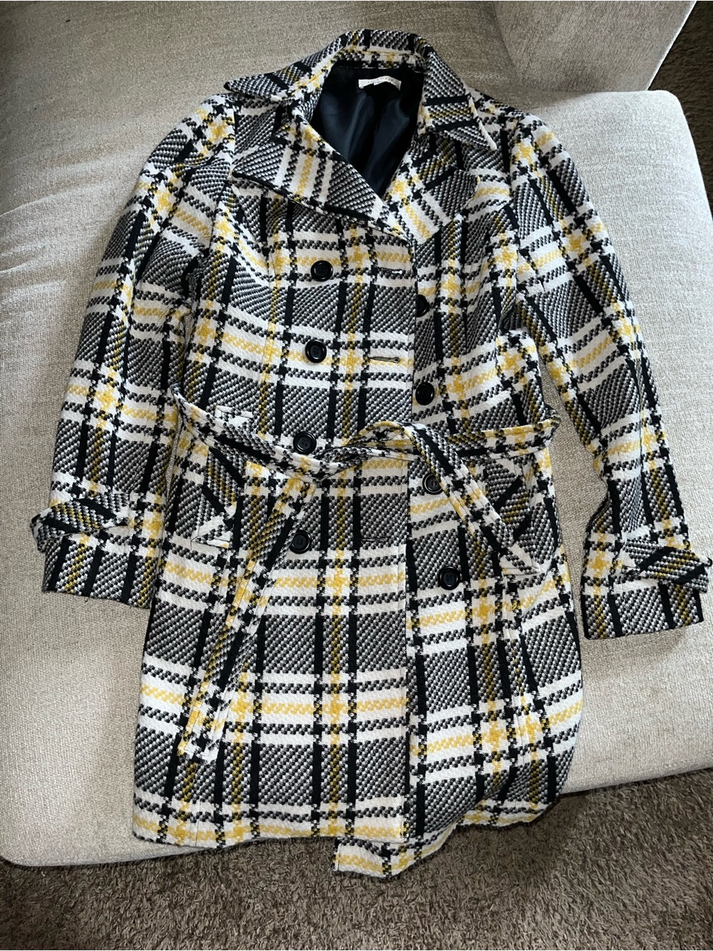 Plaid Double-Breasted Trench Coat in Black, White & Yellow